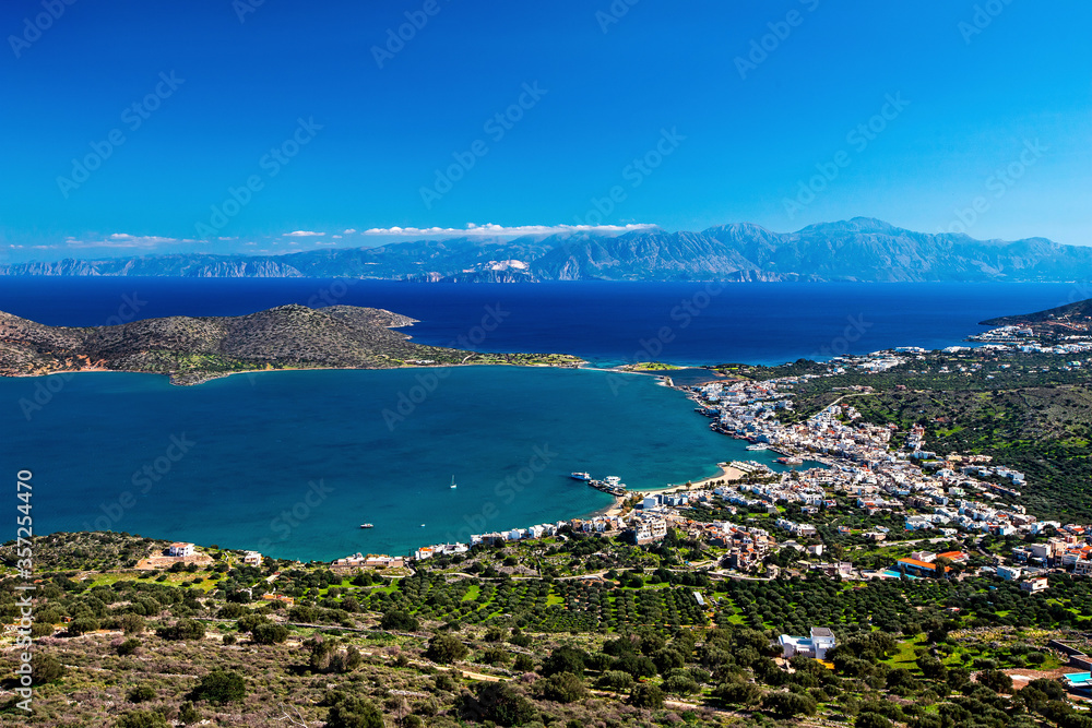 View of Elounda and Mirabello bay from Pines village. Municipality of Agios Nikolaos, Lassithi, Crete, Greece