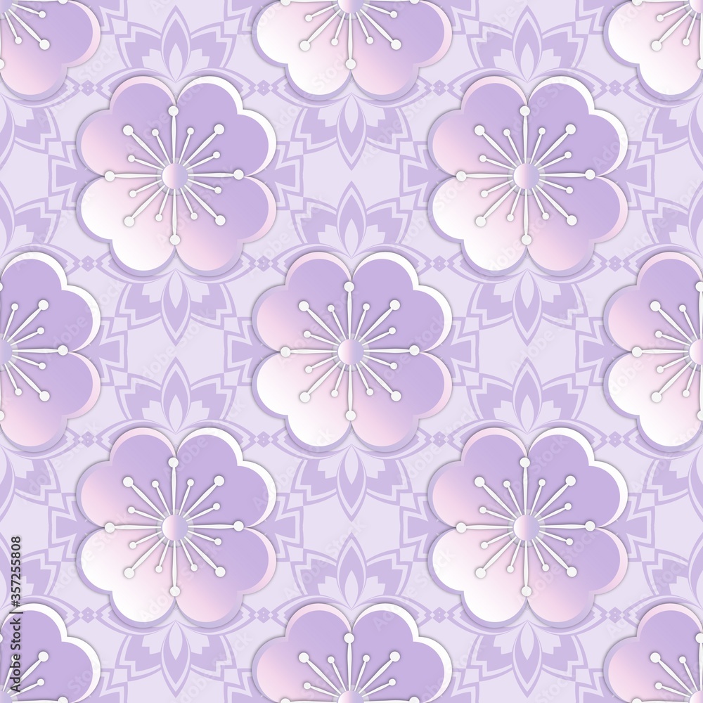 Fashion seamless pattern with plastic flowers made of cut paper. Flower in the style of a flowering tree. Japanese sakura. Graphic design. 3D illustration.