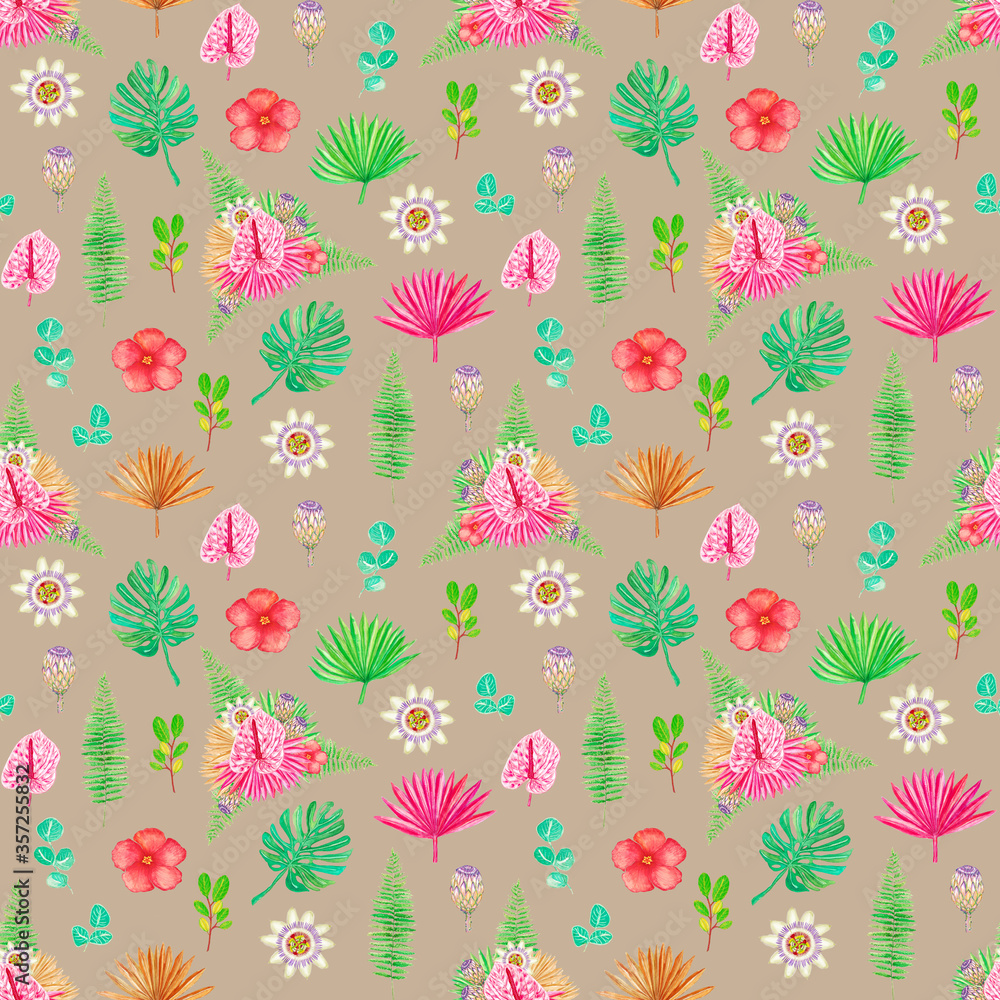 Seamless exotic pattern with tropical flowers and leaves