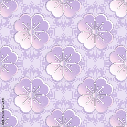 Fashion seamless pattern with plastic flowers made of cut paper. Flower in the style of a flowering tree. Japanese sakura. Graphic design. 3D illustration.