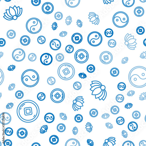Set line Chinese Yuan currency, Lotus flower and Yin Yang on seamless pattern. Vector