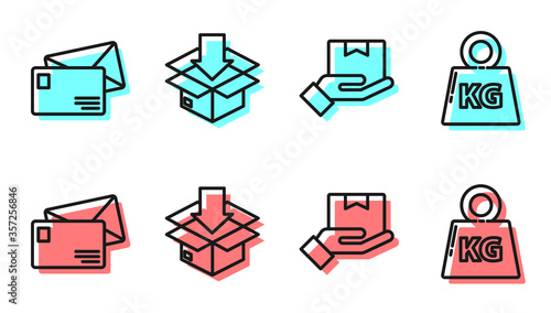 Set line Delivery hand with boxes, Envelope, Cardboard box with traffic symbol and Weight icon. Vector