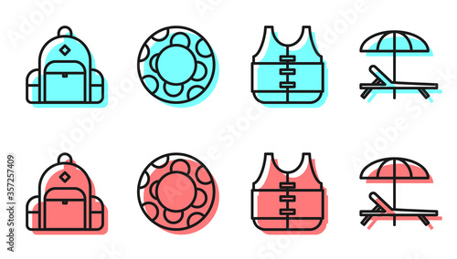 Set line Life jacket, Hiking backpack, Rubber swimming ring and Sunbed and umbrella icon. Vector