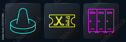 Set line Mallet for playing air hockey, Locker or changing room and Hockey sports ticket. Black square button. Vector