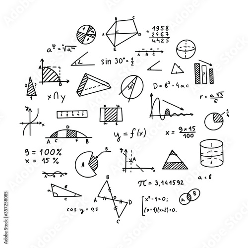 Black and white linear elements of mathematics. Geometry, architecture. School items.
