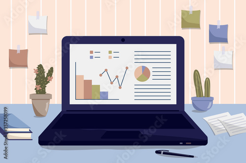 Office workplace. Laptop on desk. Working place concept. Work at home. Stay home. Freelance or studying. Vector illustration in flat style