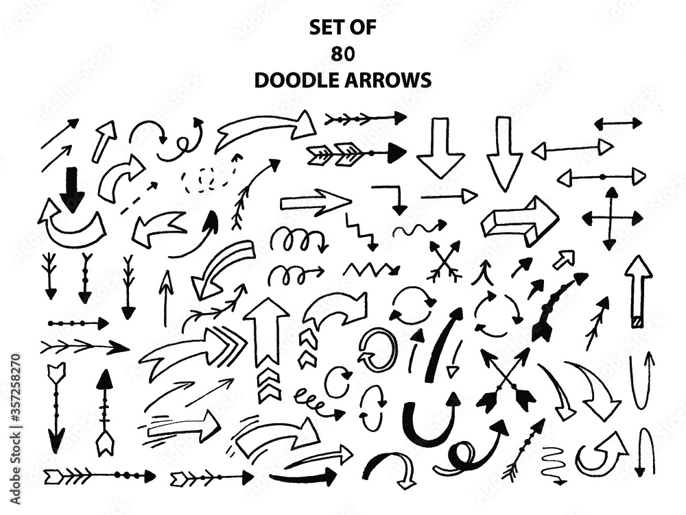Big set of handdrawn doodle arrows with pencil texture. Bundle of doodle elements. Simple, thin, scandinavian arrows. Vector large collection on white background.