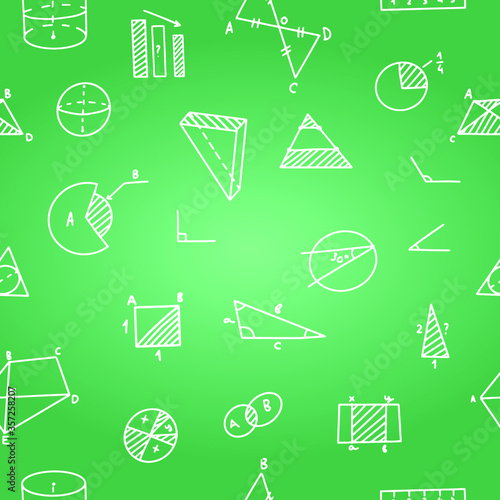 Mathematics, geometry background. Hand drawn. Geometric shapes on a chalk board background. Seamless background.