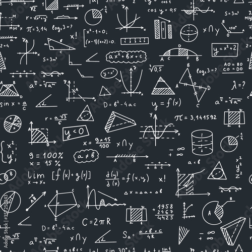 Mathematics, geometry background seamless pattern. Hand drawn. Geometric shapes on a chalk board background. White on black.
