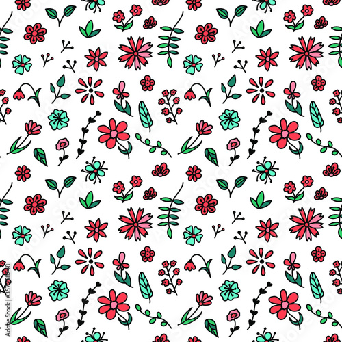 Flowers seamless pattern. Doodle flowers hand-drawn. Vector romantic background. Fine scatter pattern.