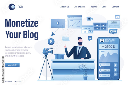 Monetize your blog landing page template. Handsome man blogger create video content. Unboxing video, product review.