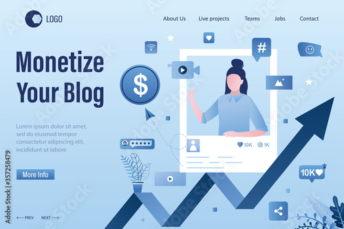 Monetize your blog landing page template. Beauty woman blogger create video content. Advertising revenue growth.