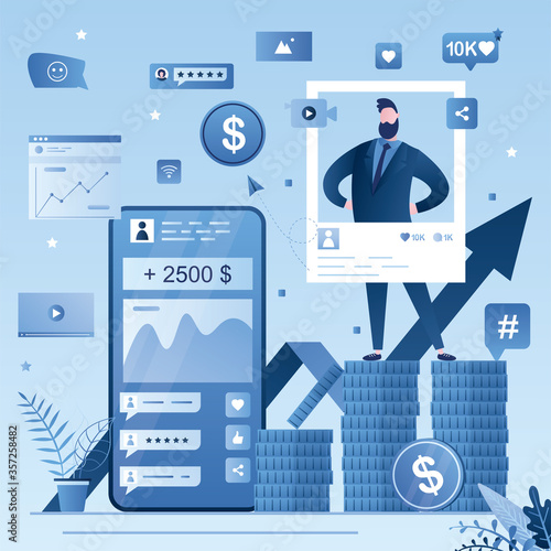 Monetization, Internet marketing and advertising. Popular celebrity account. Social media page, handsome man create media content.