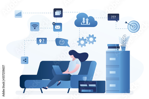 Freelance or distance work. Businesswoman chatting and working online. Cloud technology,