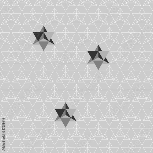 Seamless white and gray geometric pattern formed by Stellated Octahedrons, geometric shape also called the stella octangula. Sample is added to swatch panel. Three geometric shapes added above.