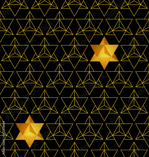 Seamless geometric pattern formed by Stellated Octahedrons, geometric shape also called the stella octangula. Sample is added to swatch panel. Two golden geometric shapes added above.