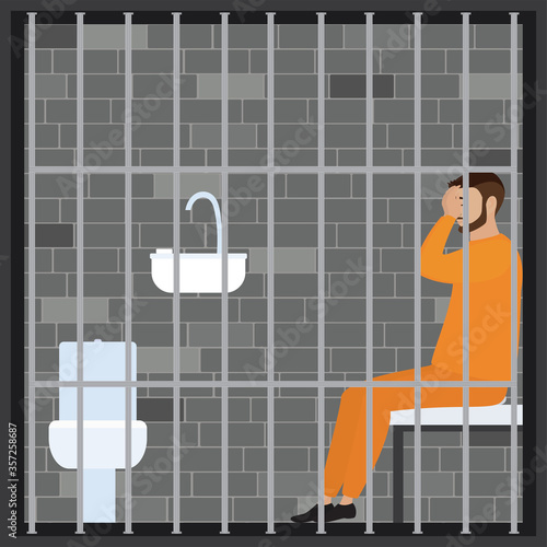 Jailed man in prison cell. Suspect  convict in Interrogation Room. Lawbreaker or offender in prison uniform.