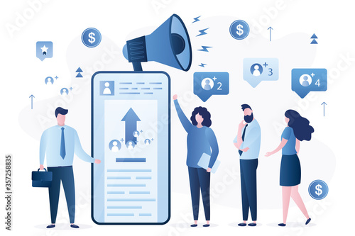 Referral program concept. Promotion campaign, influencer and target marketing, mobile advertising. Businessman uses smartphone