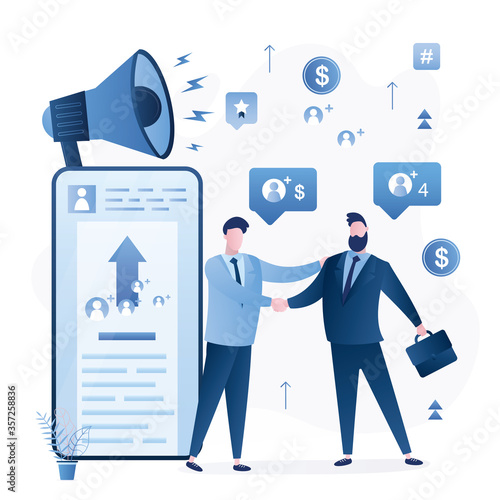 Referral program, businesspeople shake hands. Refer a friend, concept web page. Customer attraction or promotion campaign.