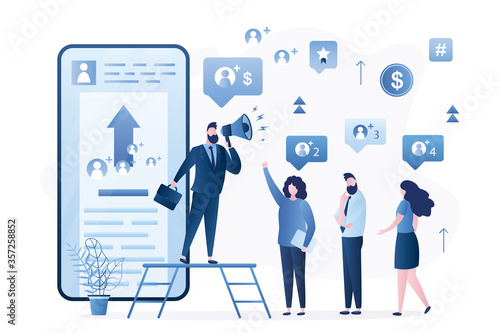 Referral program concept. Promotion campaign, influencer and target marketing,mobile advertising. Businessman
