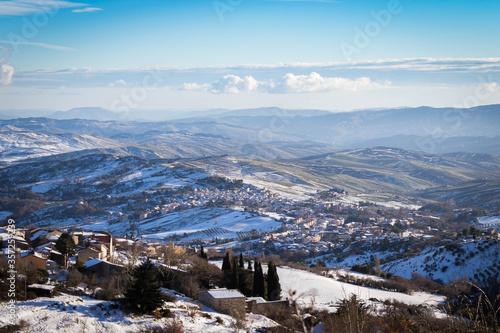 Panorama of Castellana Sicula covered in snow in the Madonie Park