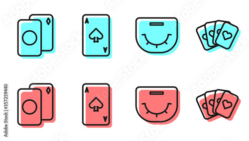 Set line Poker table, Deck of playing cards, Playing card with spades and Deck of playing cards icon. Vector