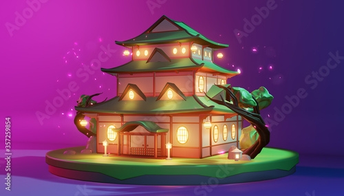 Low Poly - japanese house on island in purple blue background .3D rednering