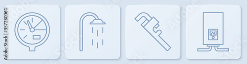 Set line Water meter, Pipe adjustable wrench, Shower and Gas boiler with a burning fire. White square button. Vector