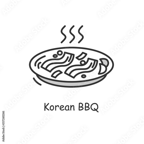 Korean bbq icon. Samgyeopsal dish. Traditional korea food of pork barbecue with lettuce and garlic. Korean cuisine concept.Thin line vector illustration.Editable stroke