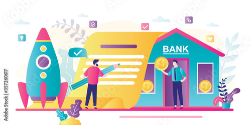 Businessman signs loan agreement. Investment in a new startup. Bank building and business people.