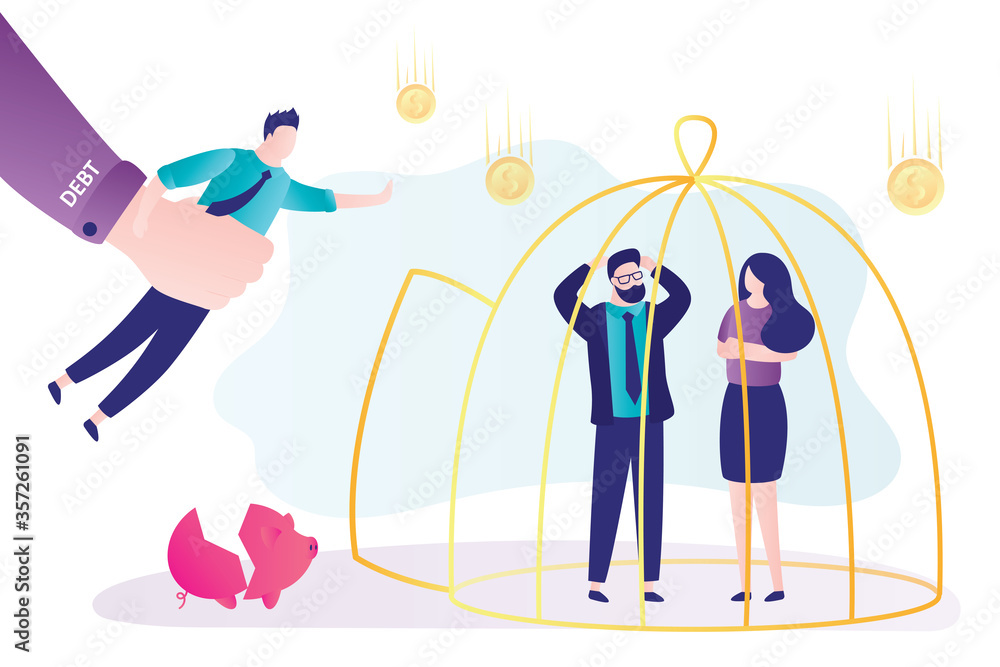 Businesspeople stuck in debt. Concept global crisis and financial problems. Male character at risk of bankruptcy Businesspeople stuck in debt. Concept global crisis and financial problems. Male character at risk of bankruptcy