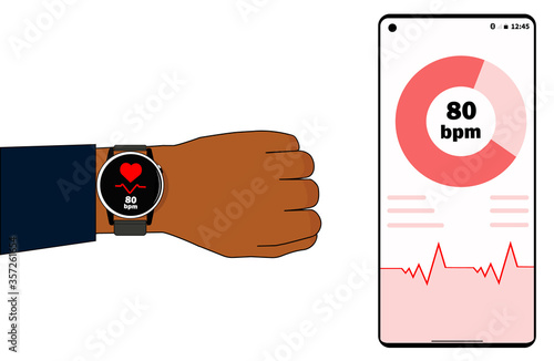 Smart watch on hand. App on the phone with heartbeat tracking. Dark skin.