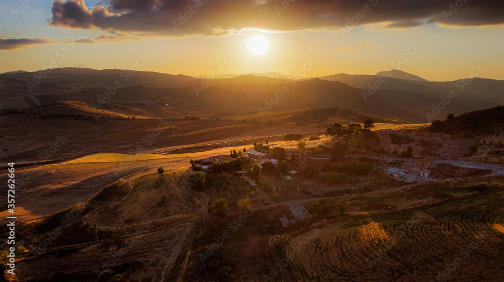 Aerial view of the fields at sunset in the Madonie Park
