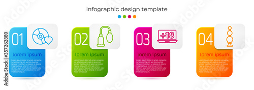 Set line Adult label on compact disc, Penis pump, Laptop with 18 plus content and Anal beads. Business infographic template. Vector.