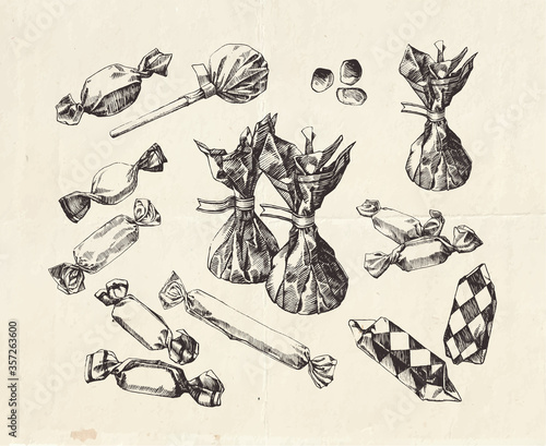 Hand drawn candies, vintage illustrations