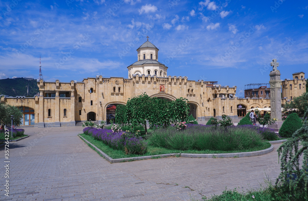 A monumental building, an architectural monument in Tbilisi. Tsminda Sameba Cathedral.