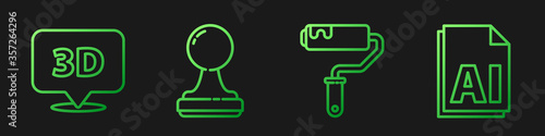 Set line Paint roller brush, Speech bubble with text 3D, Stamp and AI file document. Gradient color icons. Vector.