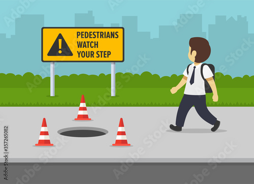 Open manhole with red cones on sidewalk near city road. Pedestrian school kid reading a warning sign. Flat vector illustration.