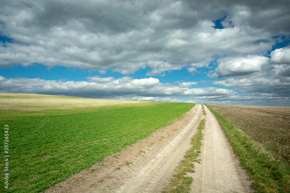 A dirt road through rural fields on the hill and grey clouds on the blue sky A dirt road through rural fields on the hill and grey clouds on the blue sky