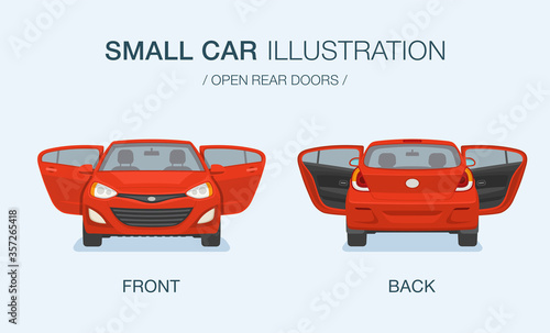 New modern small car with rear doors open. Front and back view. Flat vector illustration.