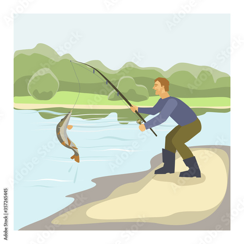 The fisherman caught a fish pike on a fishing rod. River bank. Vector illustration.