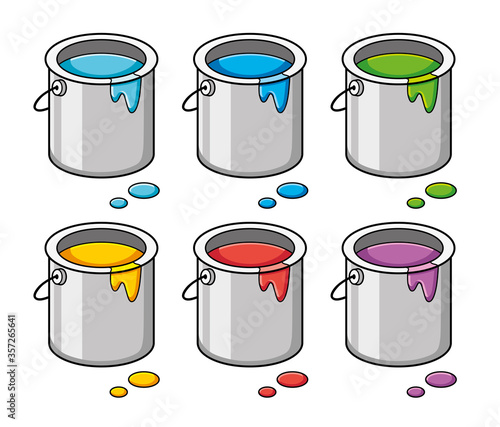 Paint bucket cans isolated, different colors set.