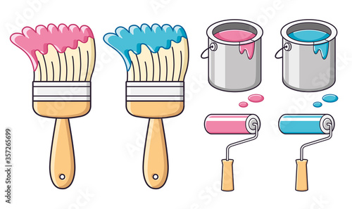 Pink and blue paint brush, roller and bucket can isolated.