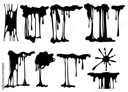 Set of dripping borders. Collection of melting drops of various substances and liquids. Liquid blot. Vector illustration of paint on white background. Art.