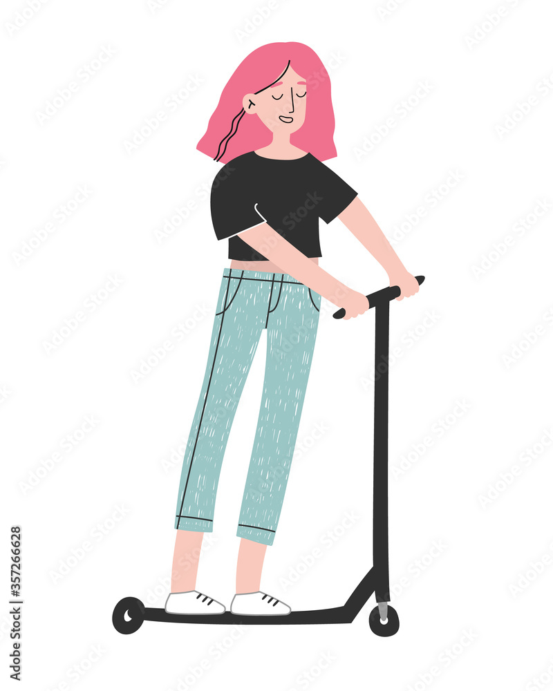 Vector illustration with a girl and her scooter in a black T-shirt and blue pants. Vector illustration with a girl and her scooter in a black T-shirt and blue pants.