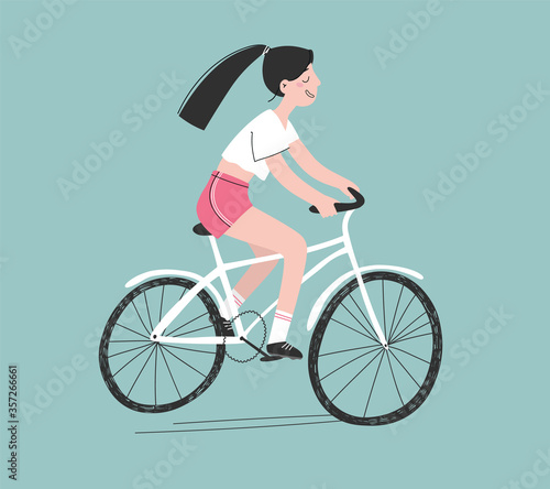 Fototapeta Naklejka Na Ścianę i Meble -  Vector illustration with a girl on a white bicycle in a white T-shirt and pink shorts.
