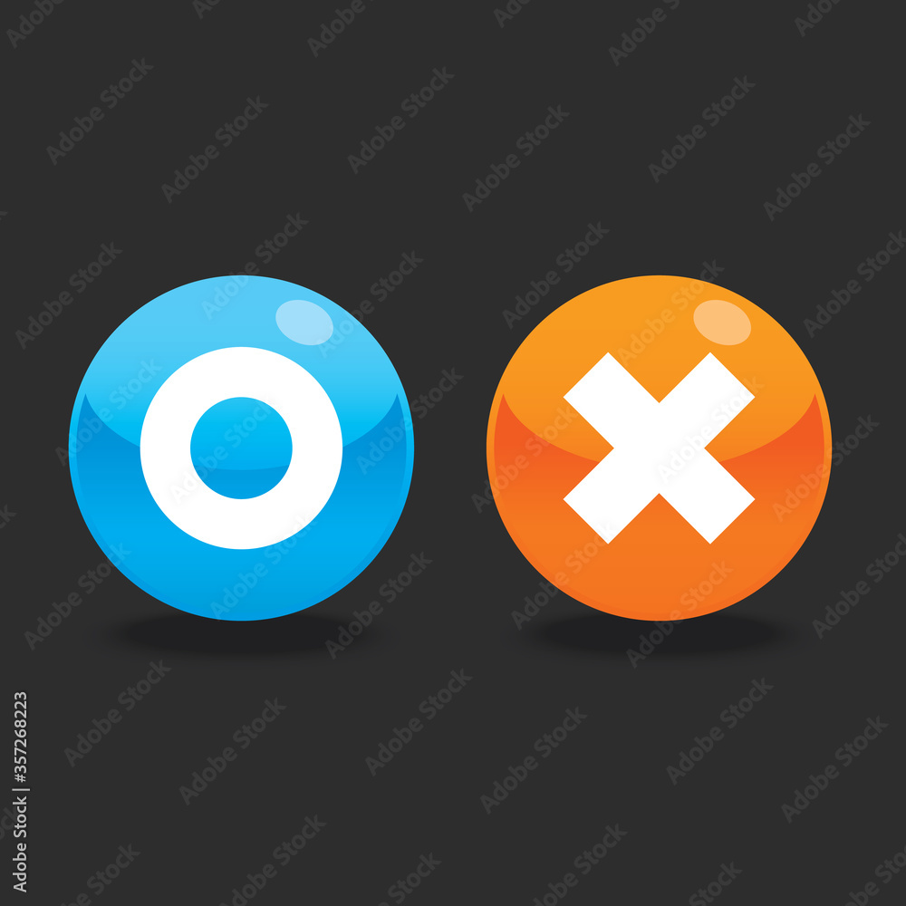 Glossy O and X round shape icons with shadow, blue circle & orange ...