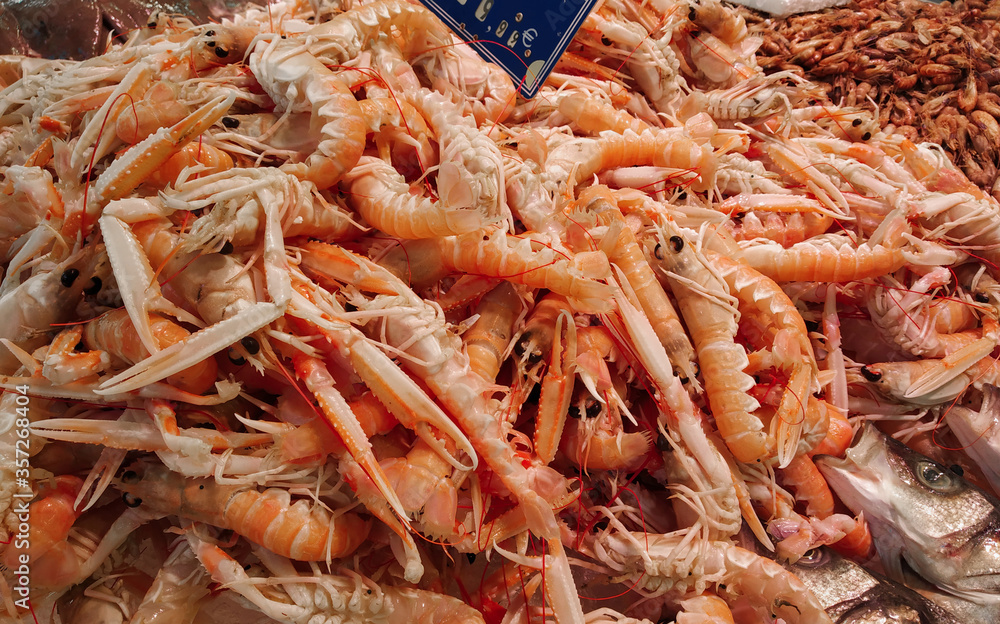 Fresh North atlantic Scampi for sale at a local market in Nantes, France
