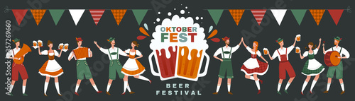 Panorama poster to celebrate the Oktoberfest Beer Festival with group of young people in traditional German clothing partying and text, colored vector illustration