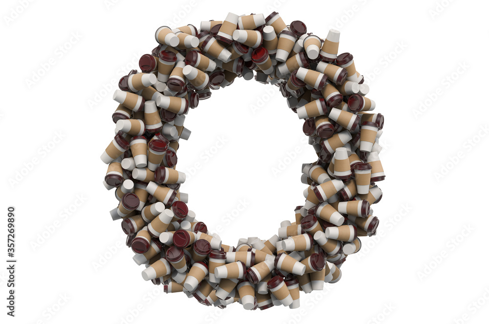 Obraz premium Letter O from disposable cups of coffee or tea, 3D rendering
